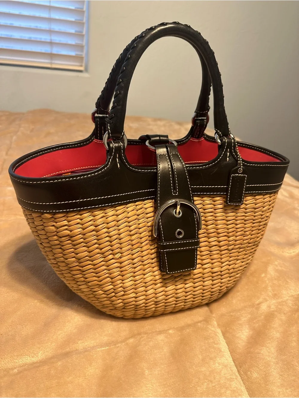 Coach SoHo Woven Straw Tote with Black Leather Trim and Pink Interior